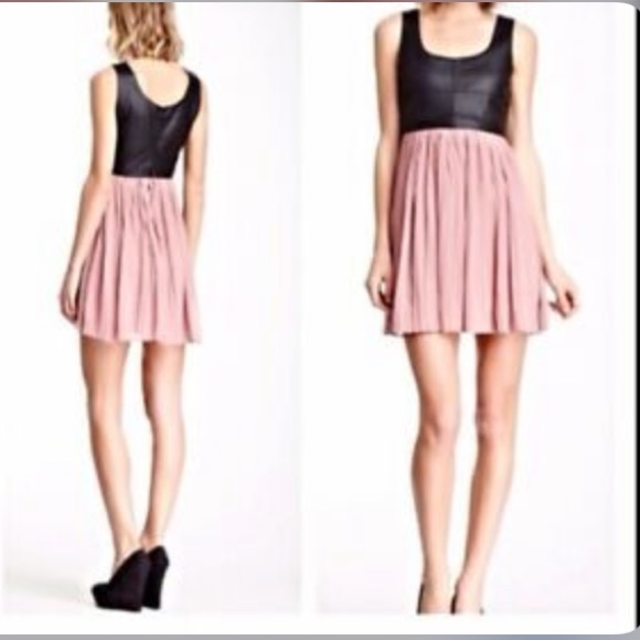 Jack By BB Dakota Elina Faux Leather Bodice Pink Chiffon Pleated Dress - Picture 10 of 15